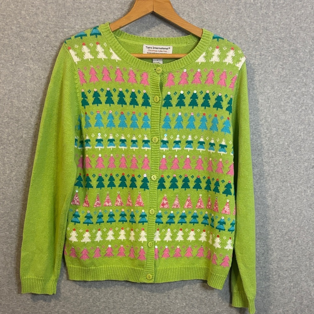 Tiara International Christmas Collection Green/Pink Sequin Trees Cardigan size L